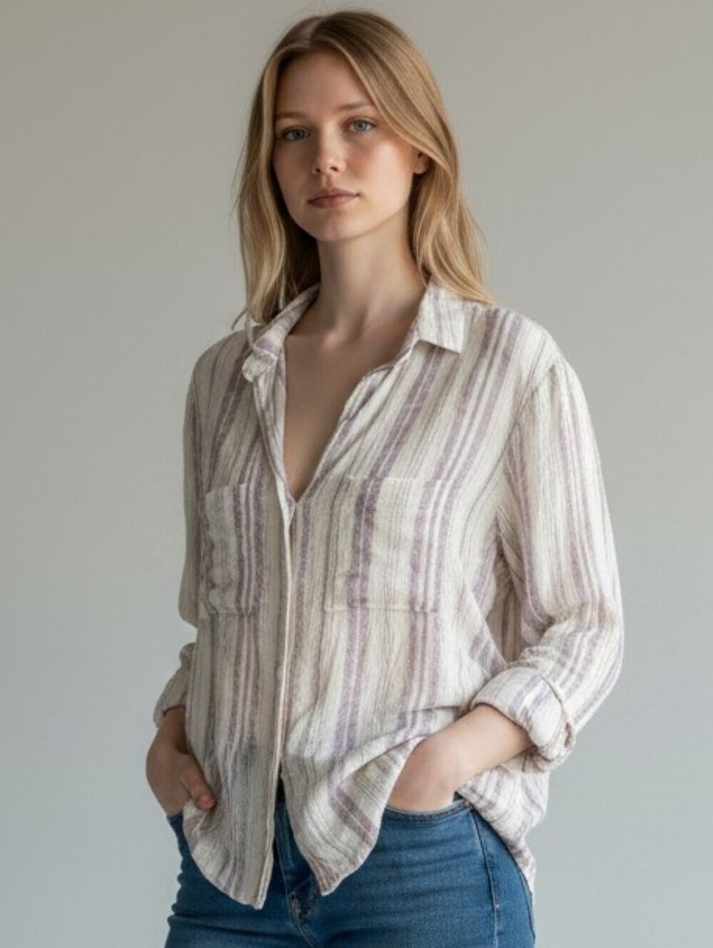 Anthropologie Cloth & Stone White Striped Long Sleeve Button Down Top (L)